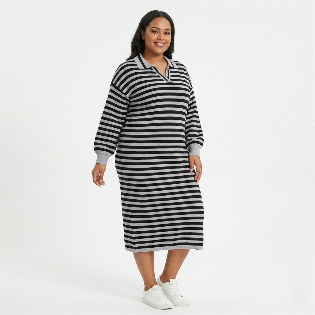 Fashion, Striped Knit Polo Sweater Dress in Black and Gray - L