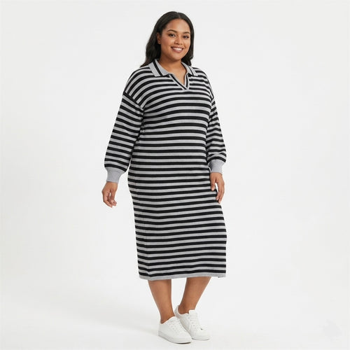 Fashion, Striped Knit Polo Sweater Dress in Black and Gray - L