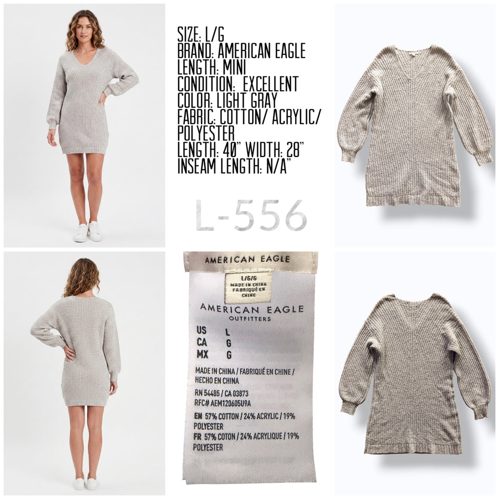 American Eagle, Light Gray V-Neck Knit Sweater Mini Dress - L