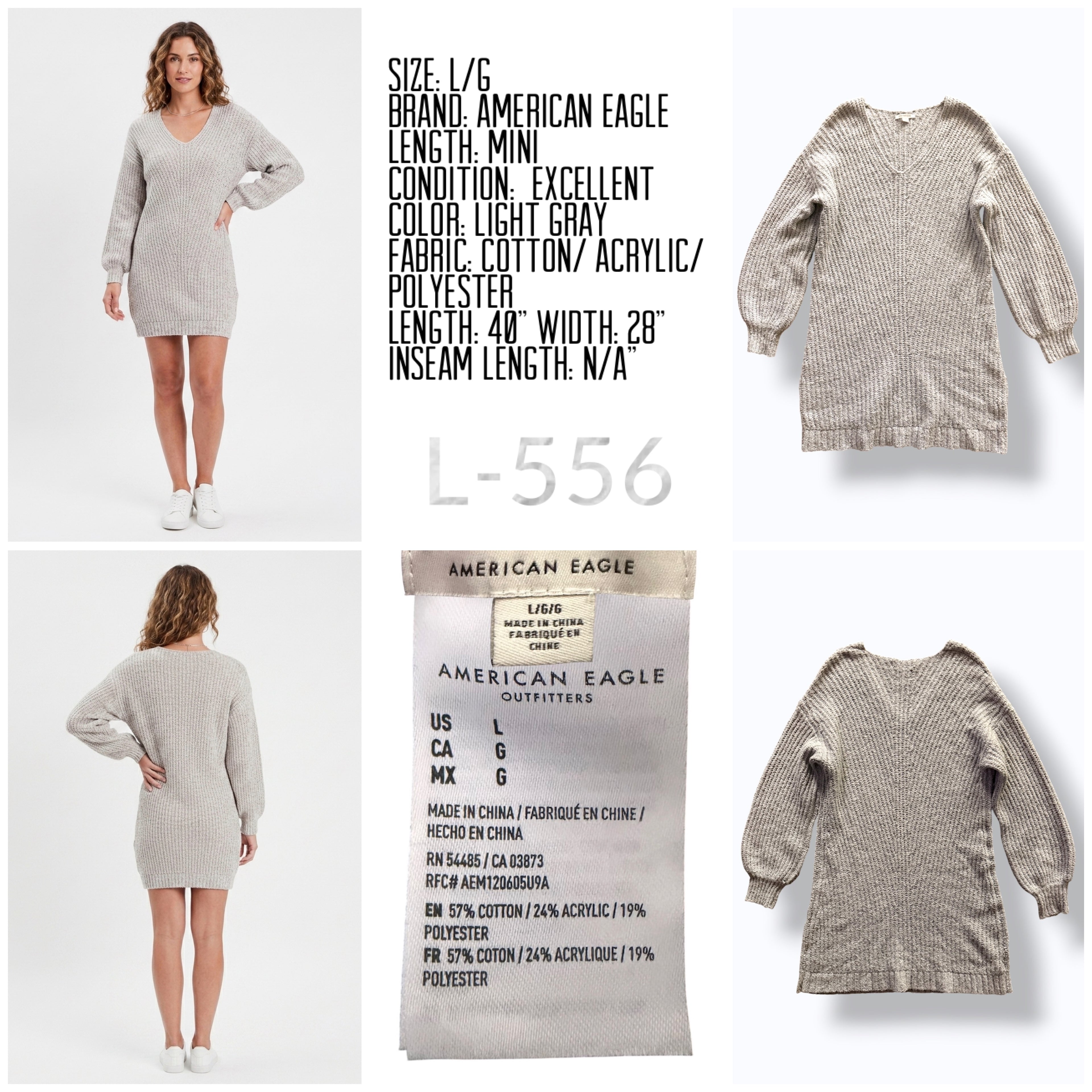 American Eagle, Light Gray V-Neck Knit Sweater Mini Dress - L