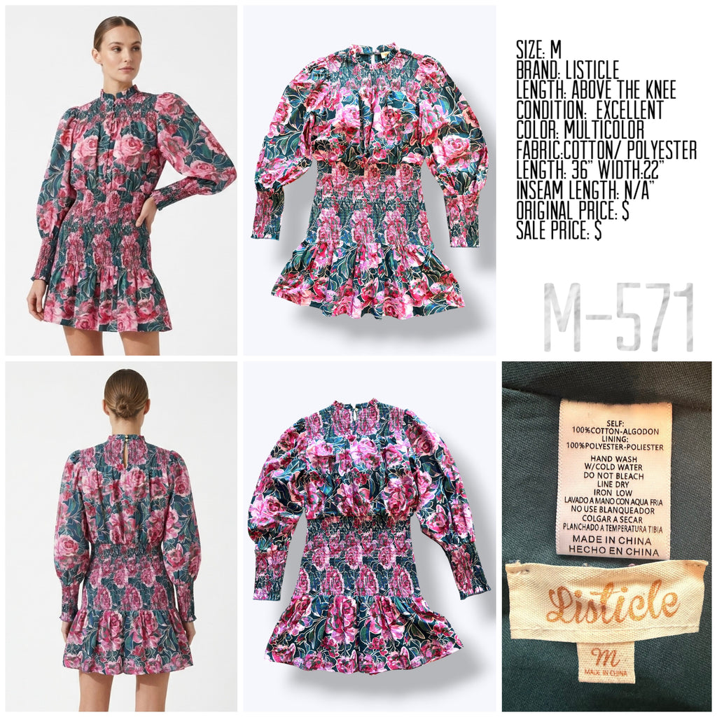 Listicle, 100% Cotton, Pink Rose Print Smocked Mini Dress with Green Base - M