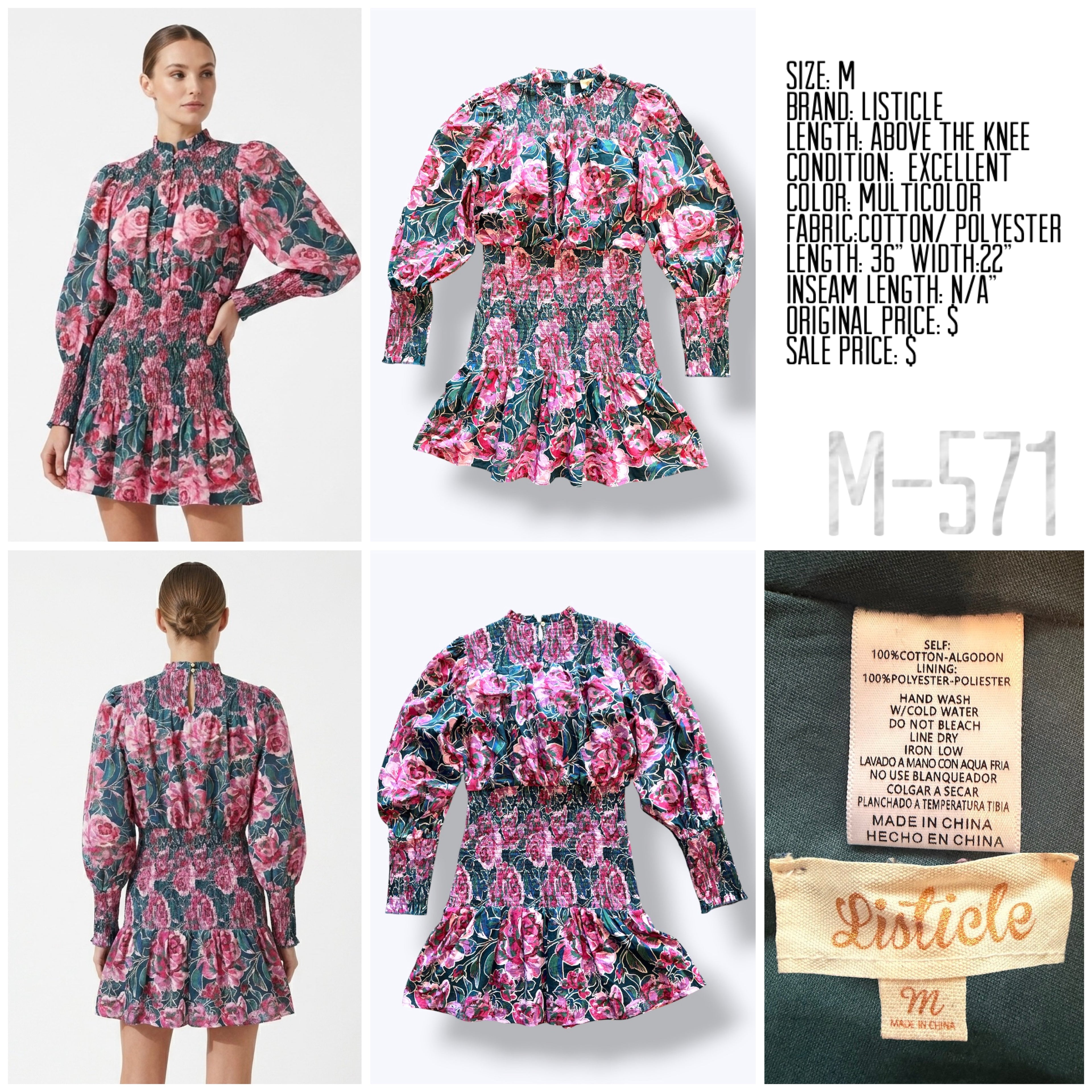 Listicle, 100% Cotton, Pink Rose Print Smocked Mini Dress with Green Base - M