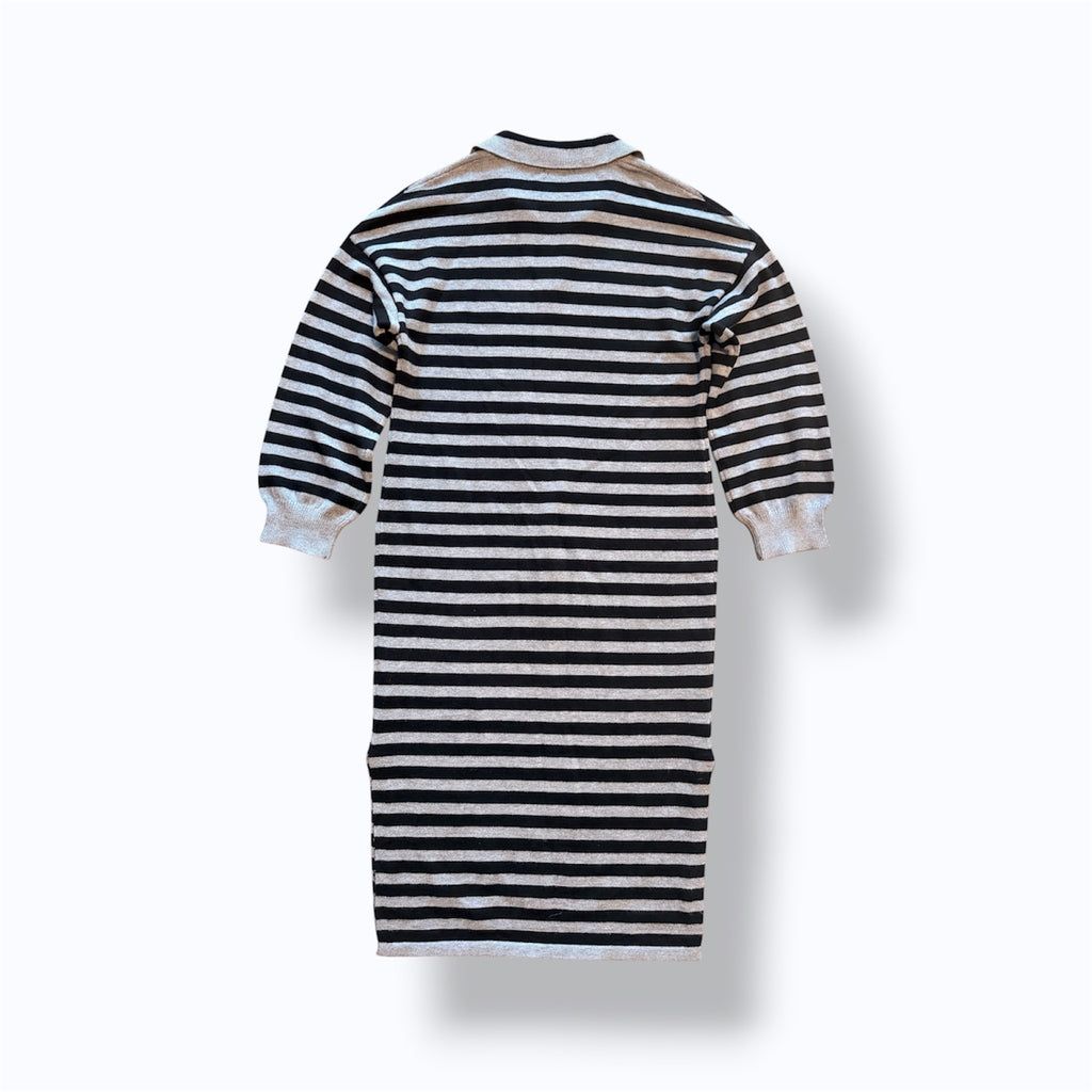Fashion, Striped Knit Polo Sweater Dress in Black and Gray - L