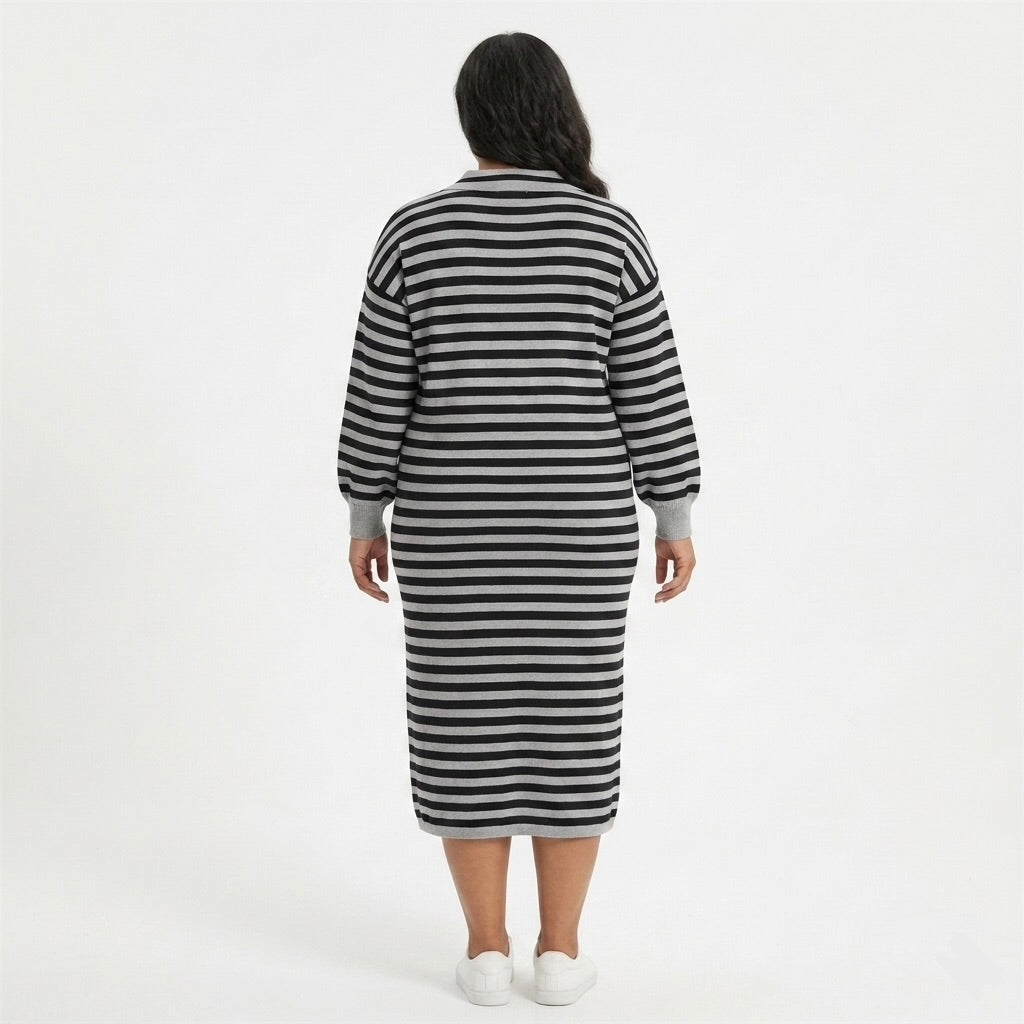 Fashion, Striped Knit Polo Sweater Dress in Black and Gray - L