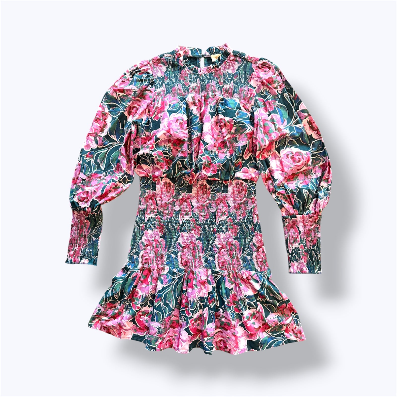 Listicle, 100% Cotton, Pink Rose Print Smocked Mini Dress with Green Base - M