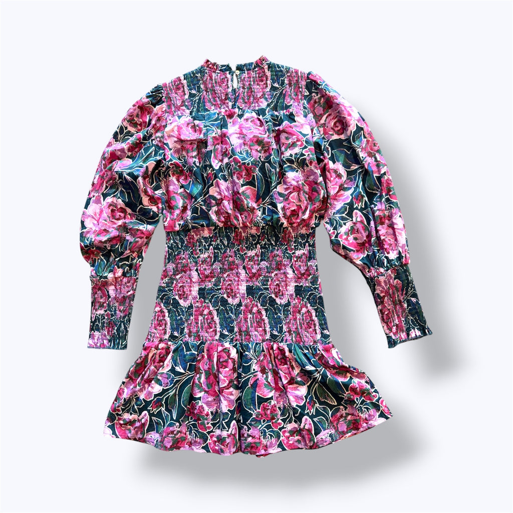Listicle, 100% Cotton, Pink Rose Print Smocked Mini Dress with Green Base - M