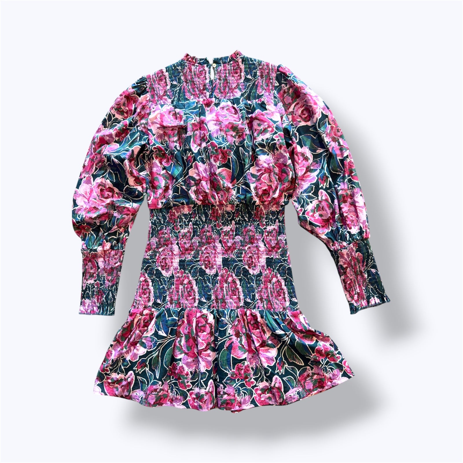 Listicle, 100% Cotton, Pink Rose Print Smocked Mini Dress with Green Base - M