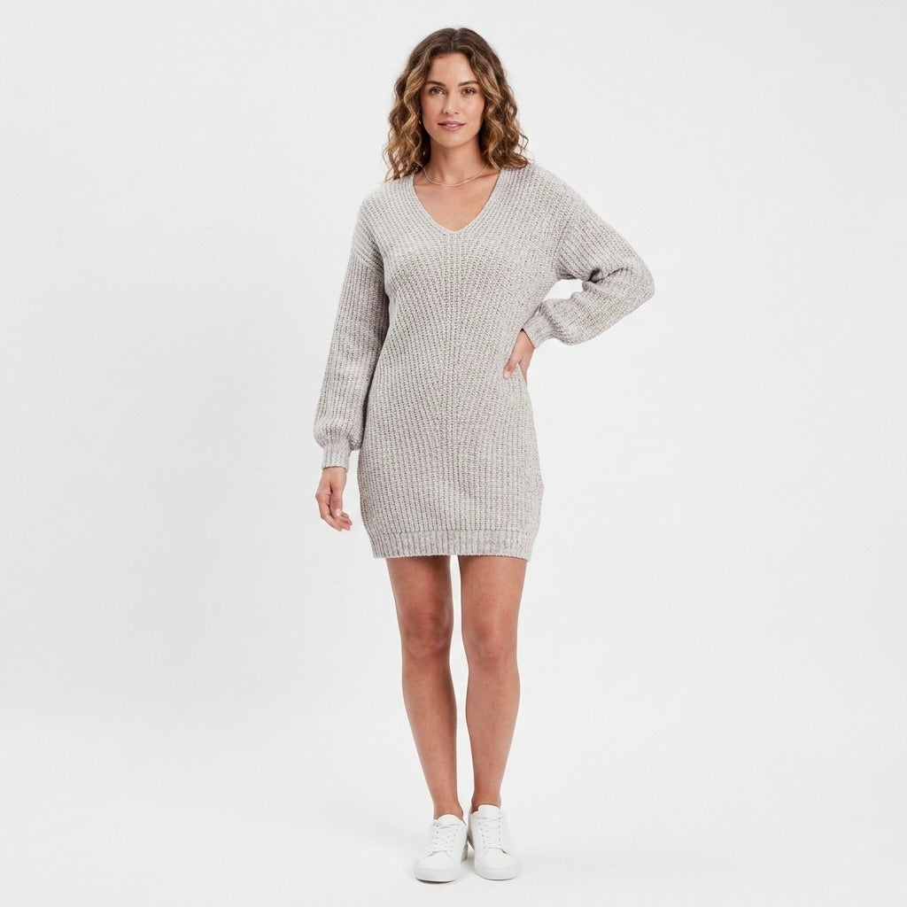 American Eagle, Light Gray V-Neck Knit Sweater Mini Dress - L
