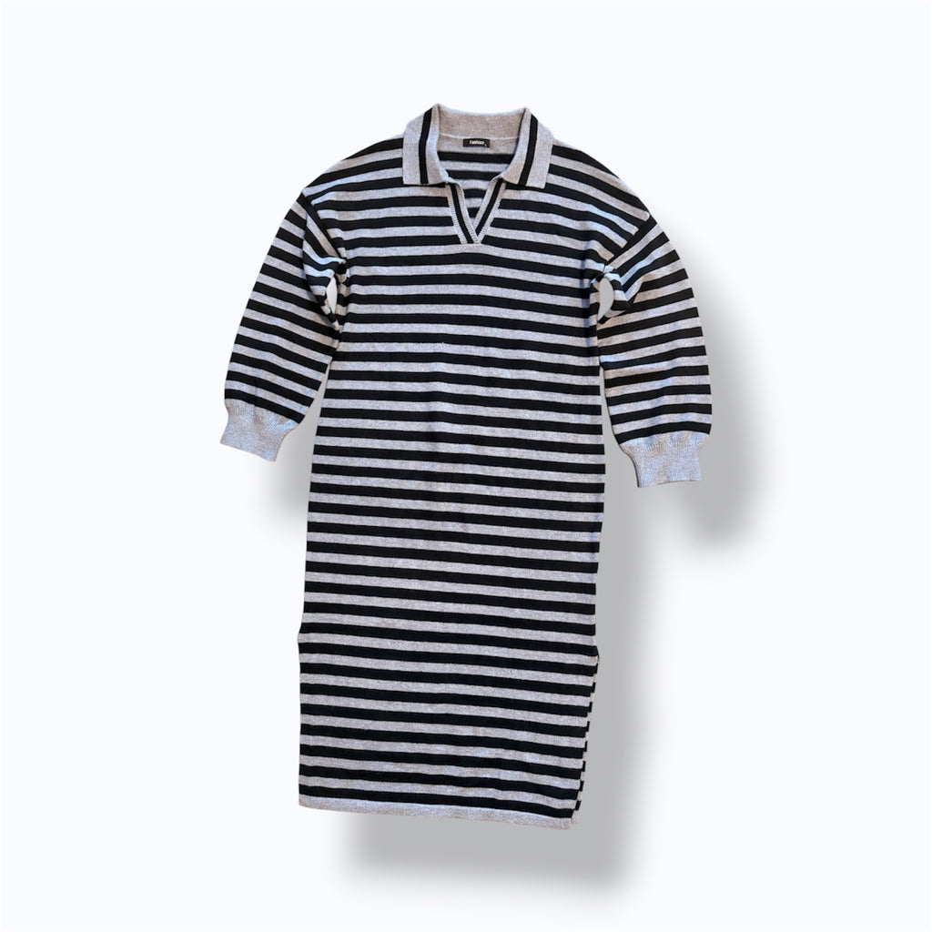 Fashion, Striped Knit Polo Sweater Dress in Black and Gray - L