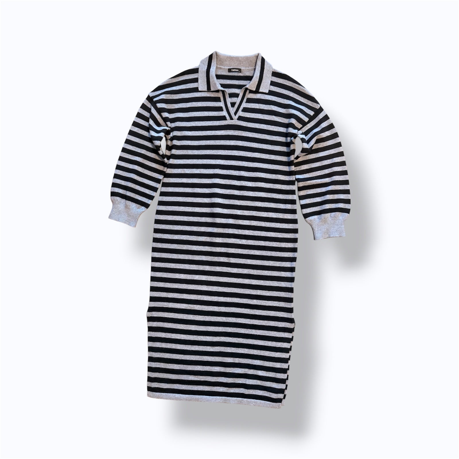 Fashion, Striped Knit Polo Sweater Dress in Black and Gray - L