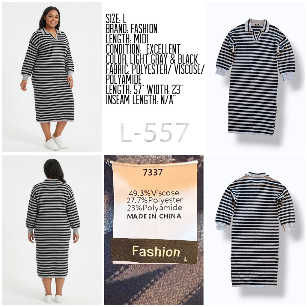 Fashion, Striped Knit Polo Sweater Dress in Black and Gray - L