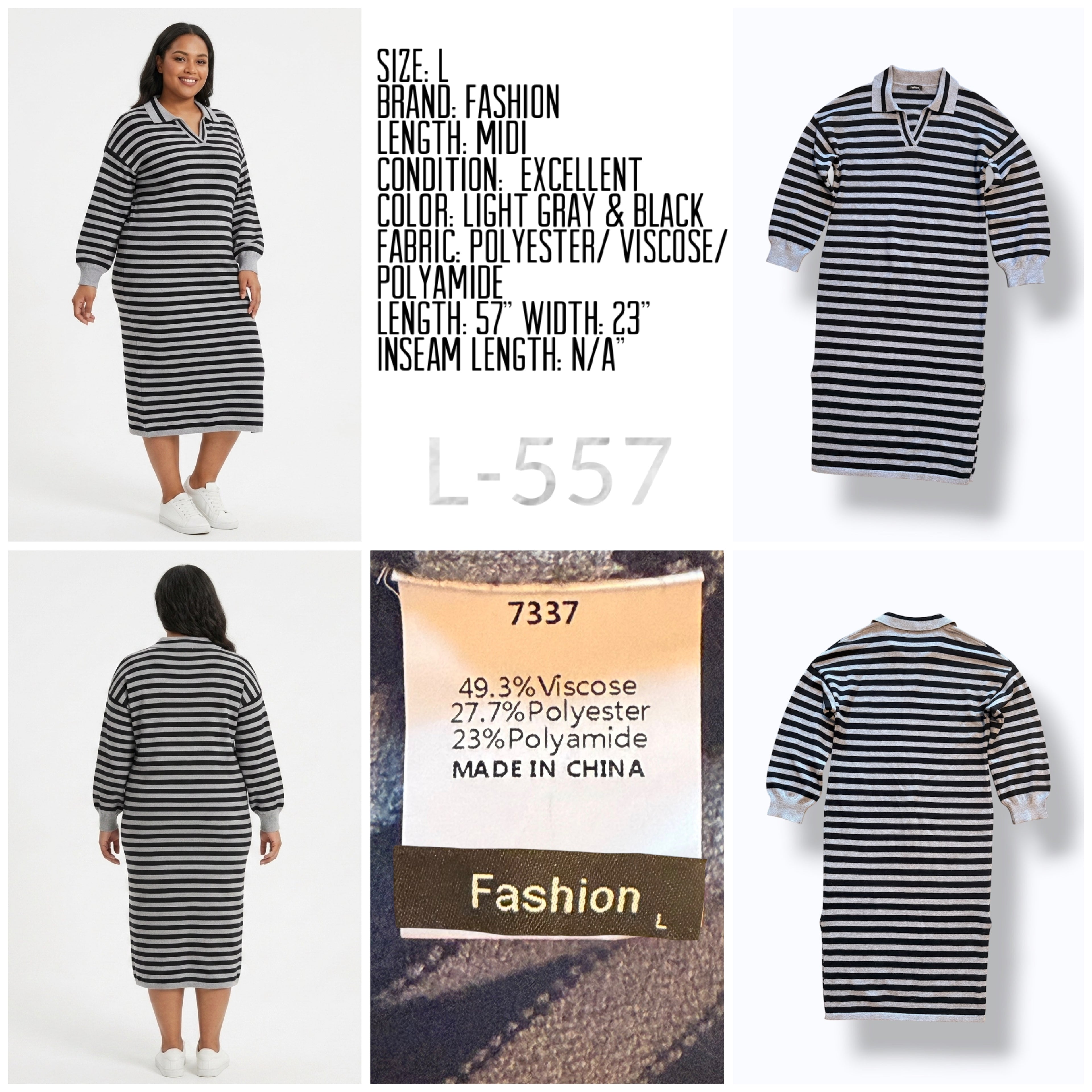 Fashion, Striped Knit Polo Sweater Dress in Black and Gray - L