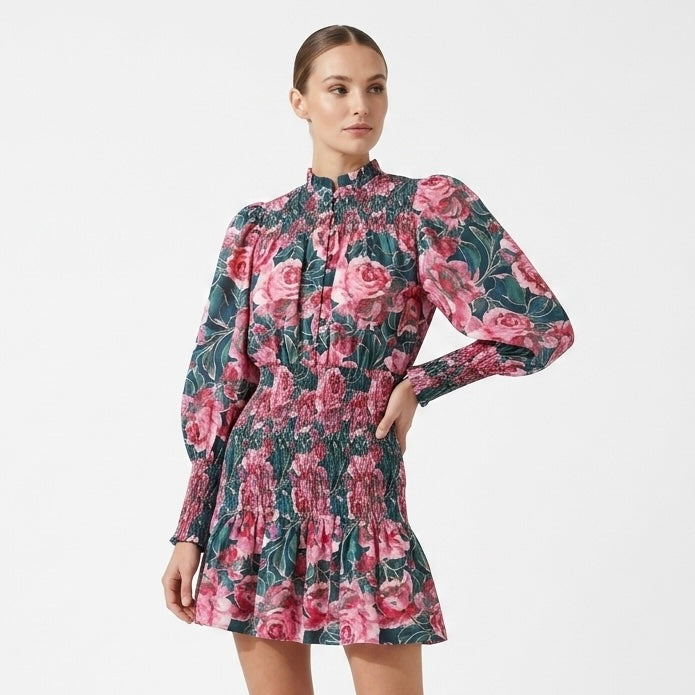 Listicle, 100% Cotton, Pink Rose Print Smocked Mini Dress with Green Base - M