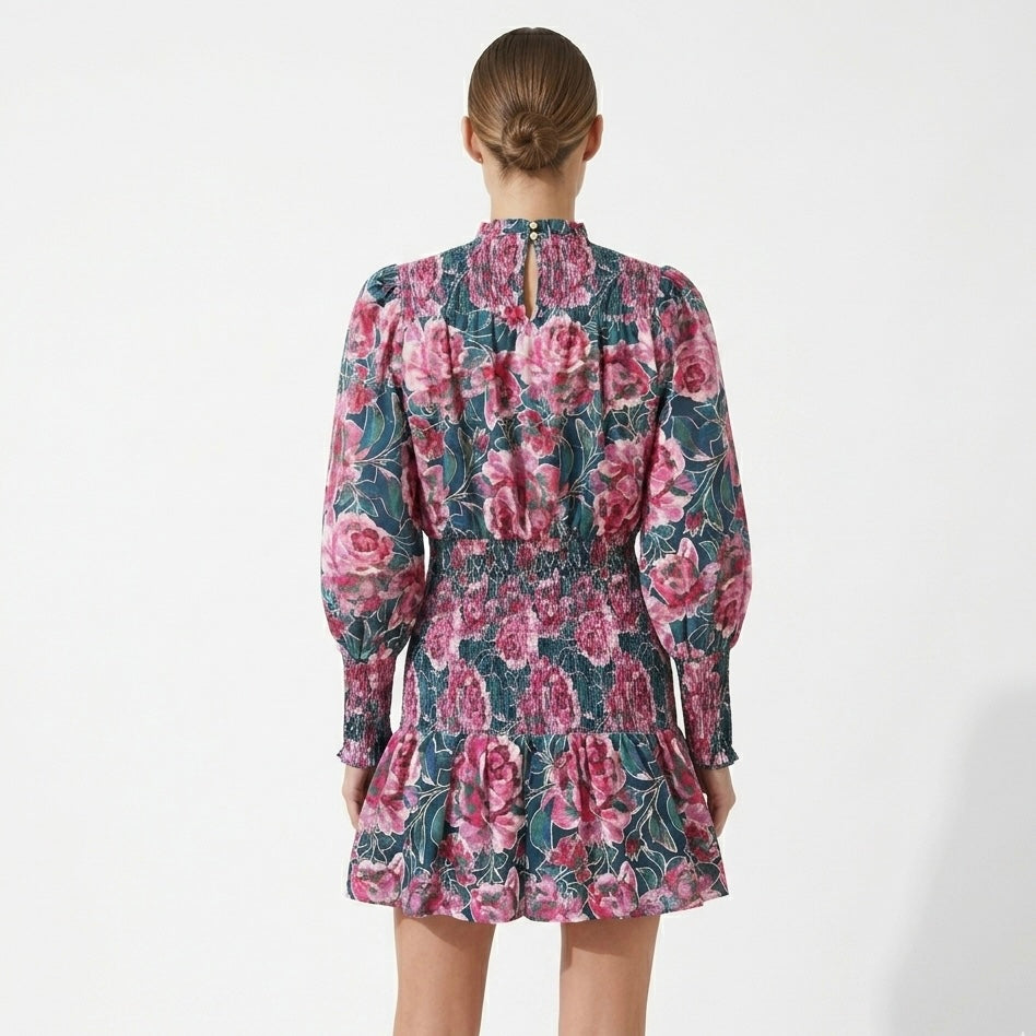 Listicle, 100% Cotton, Pink Rose Print Smocked Mini Dress with Green Base - M