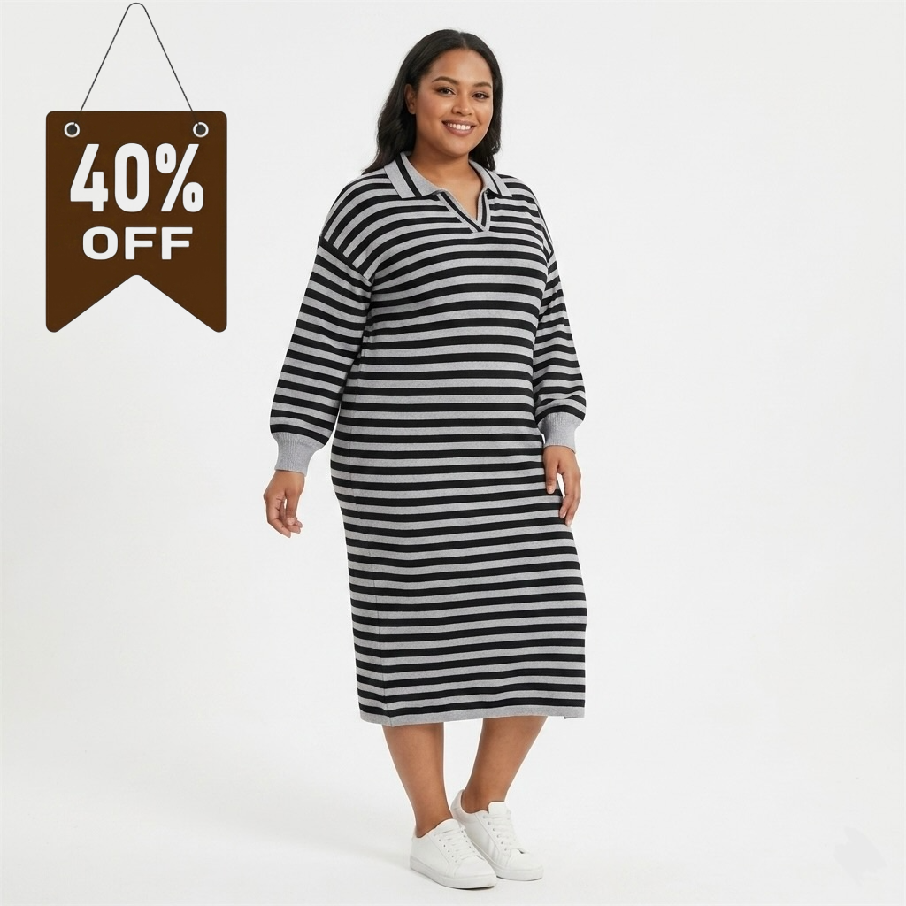 Fashion, Striped Knit Polo Sweater Dress in Black and Gray - L