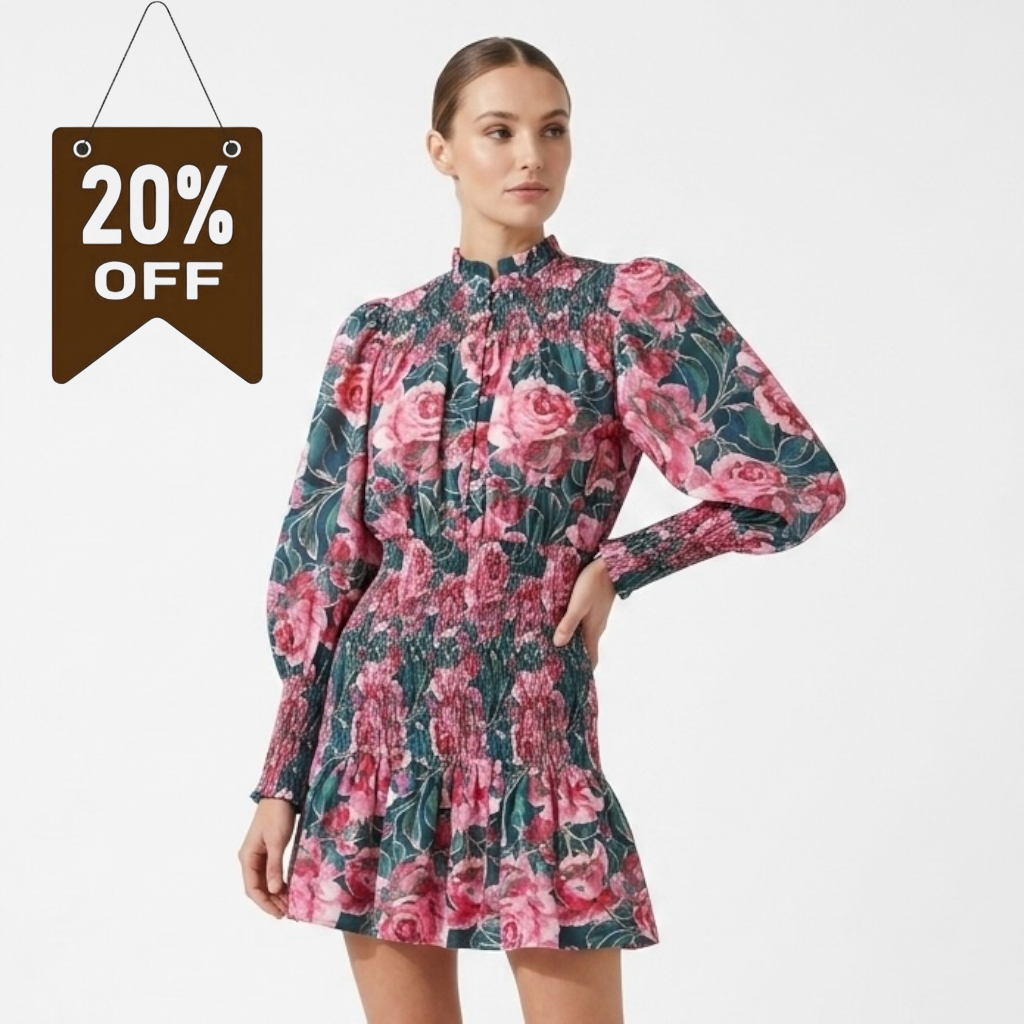 Listicle, 100% Cotton, Pink Rose Print Smocked Mini Dress with Green Base - M